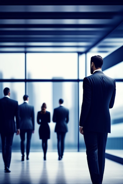 A man in a suit stands in front of a building with a group of people in the background.