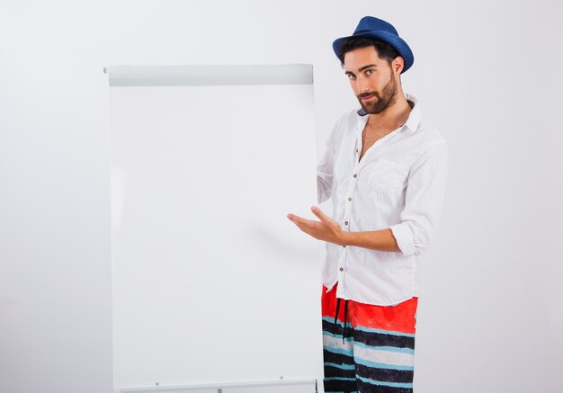 Man in summer wear with blank canvas