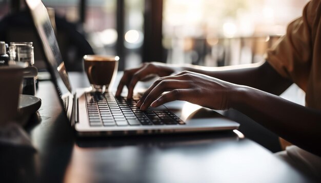 Man surfing net on laptop during coffee break generated by AI