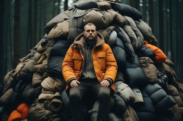 Foto gratuita uomo circondato da un mucchio di vestiti