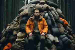 Free photo man surrounded by clothing pile