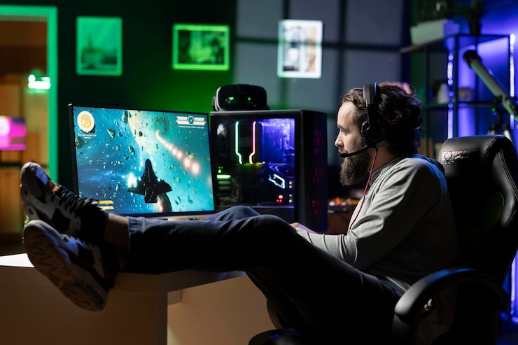 Free Photo man talks with friends while playing videogame with spaceship lounging on desk
