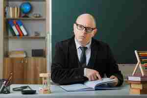 무료 사진 안경을 쓴 남자 교사는 교실에서 칠판 앞 학교 책상에 앉아 혼란스럽고 놀란 것처럼 보이는 수업 등록부를 확인합니다.