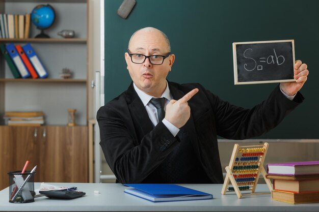 Man teacher wearing glasses sitting at school desk in front of blackboard in classroom showing chalkboard explaining lesson explaining lesson showing formula surprised