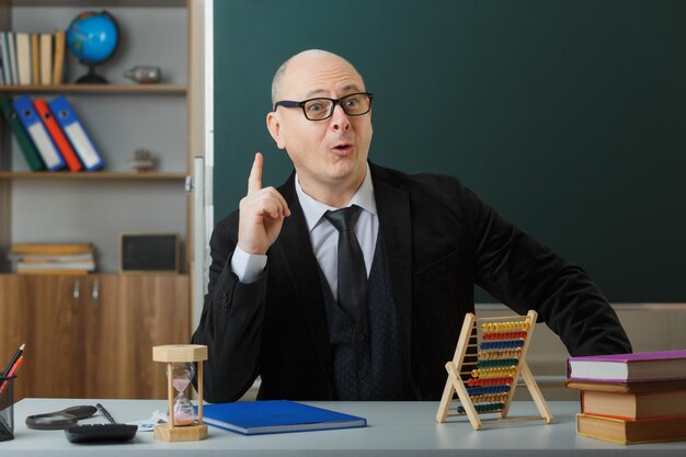 안경을 쓴 남자 교사는 교실에서 칠판 앞 학교 책상에 앉아 있는 안경을 쓰고 집게 손가락으로 멋진 아이디어를 가리키며 놀란 표정을 하고 있다