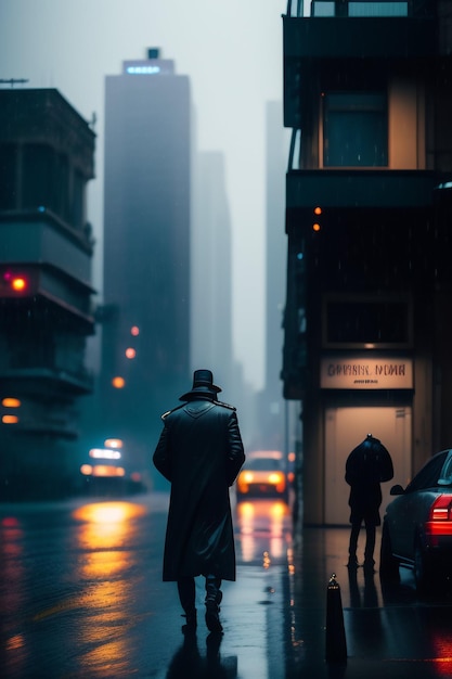 シルクハットをかぶった男が雨の中、不良と書かれた看板のある建物の前に立っている。