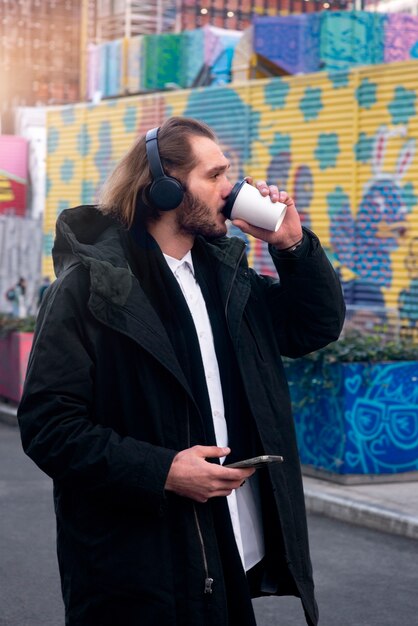 Man traveling through city using gps