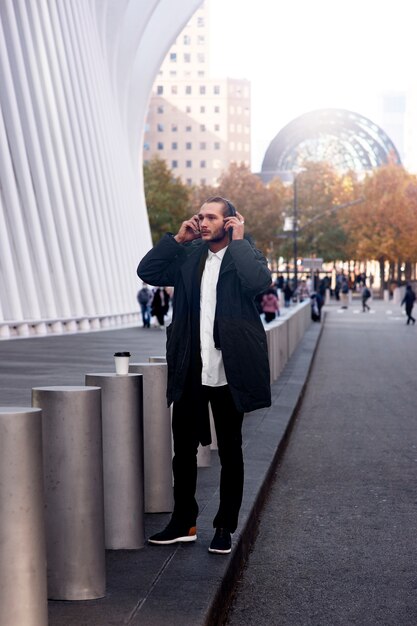 Man traveling through city using gps