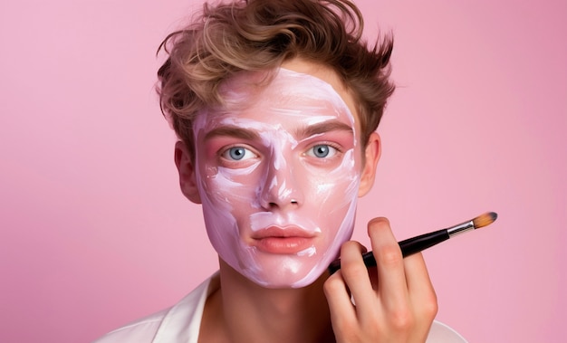 Foto gratuita uomo che usa un prodotto di bellezza rosa sul viso
