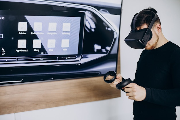 Man using and playing with vr glasses