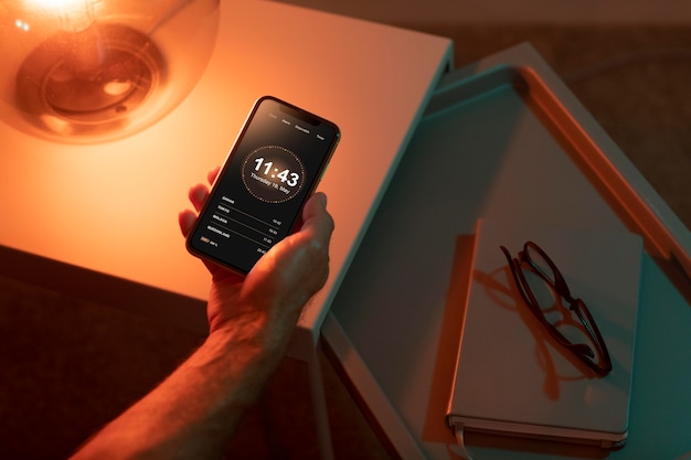 Man using a smartphone in his automated home