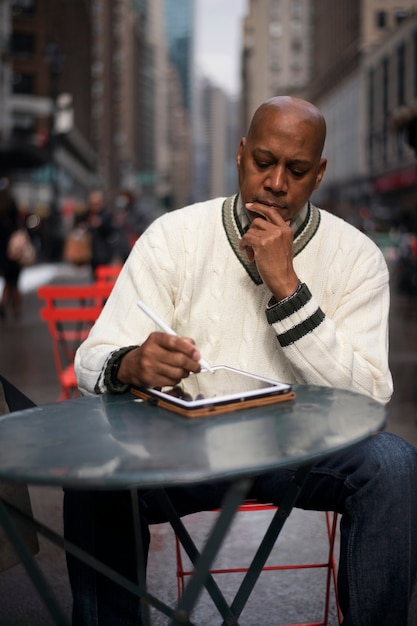 Man using technology while traveling in the city