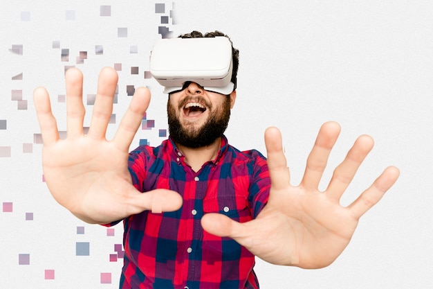 Foto gratuita uomo con visore vr in stile dispersione pixel