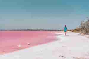 Free photo man walking along beach near pink sea