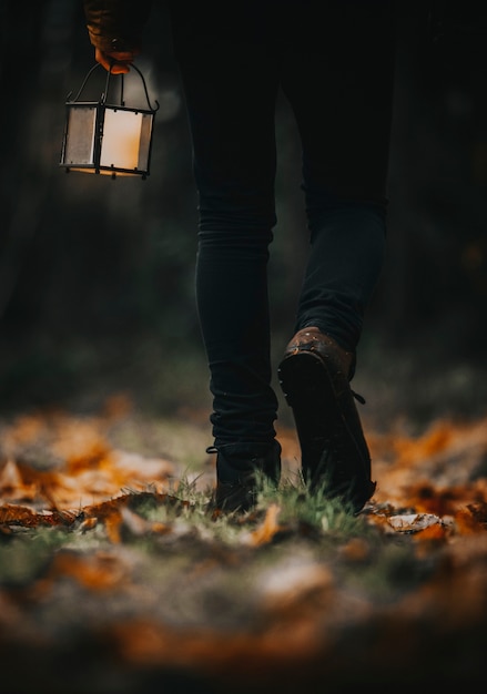 Free photo man walking with a lantern in a woods