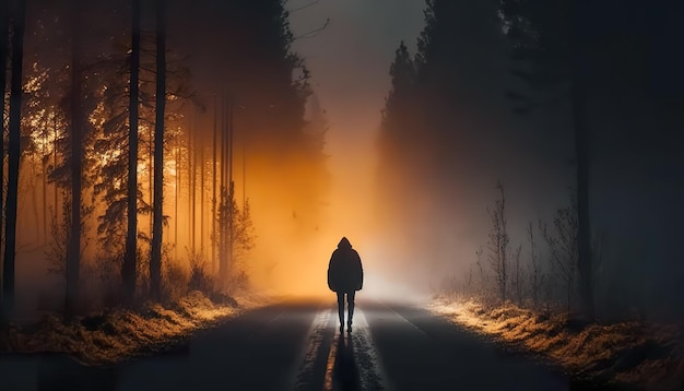 Un uomo cammina lungo una strada in una foresta nella nebbia vista dal retro al generativo