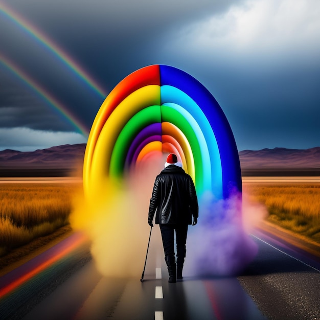 Foto gratuita un uomo cammina lungo una strada con un arcobaleno sullo sfondo.