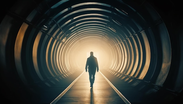 Мужчина идет по туннелю со светом на потолке