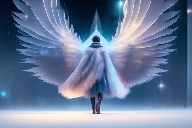 A man walks with wings on his back