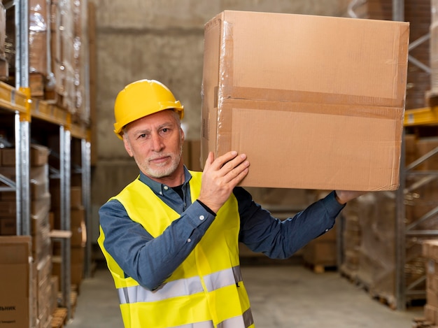 Man in warehouse carrying box
