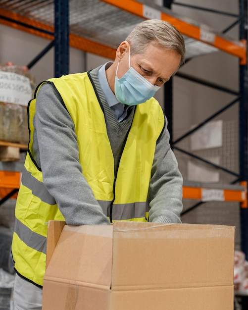 Free photo man in warehouse working with packages