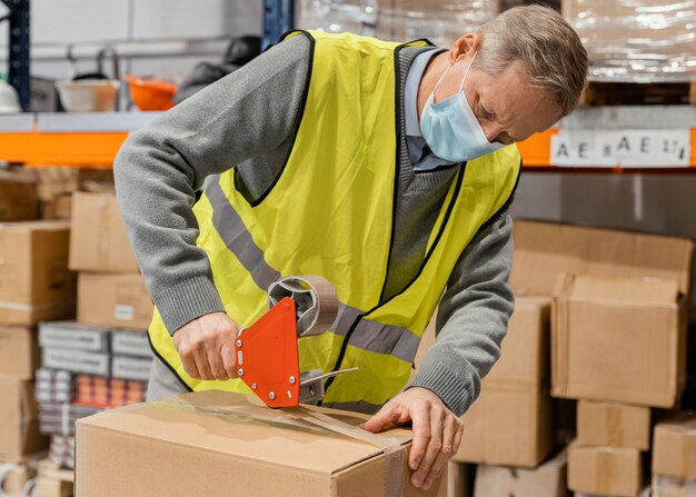 Man in warehouse working with packages