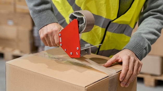 Man in warehouse working with packages