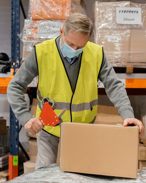 Man in warehouse working with packages