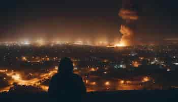 Foto gratuita uomo che guarda un grande incendio in città di notte vista dall'alto