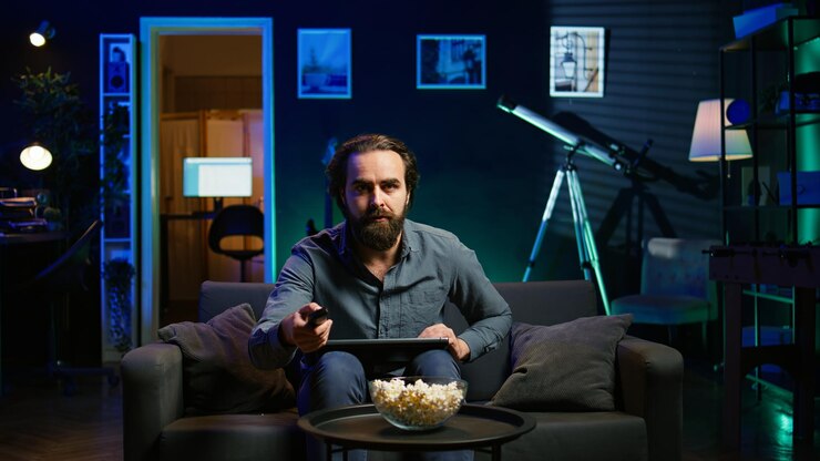 Free Photo man watching shocking breaking news story on tv in apartment
