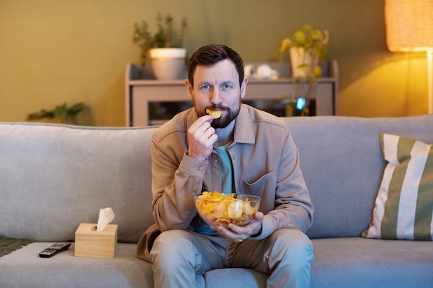 テレビを見たり、チップを食べたりする男