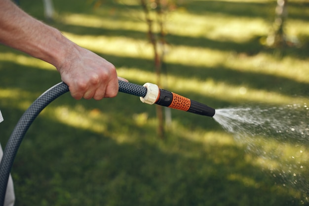 彼の庭で彼の植物に水をまく男。青いシャツを着た男。