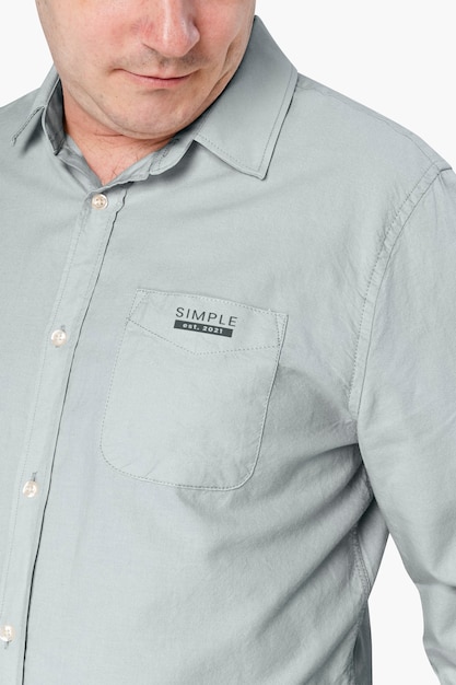 Man wearing beige long-sleeve shirt close-up