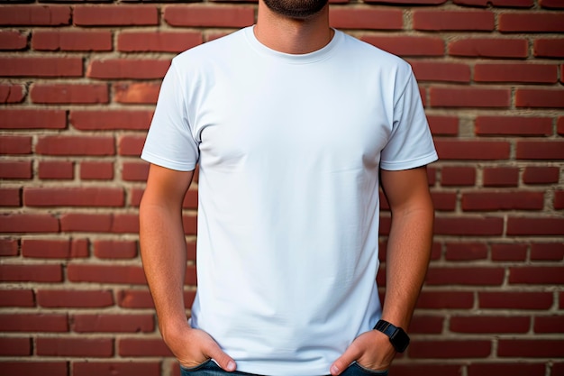 Free photo man wearing blank tshirt brick wall background