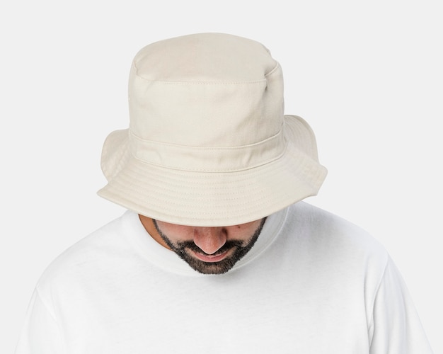 Man wearing bleached bucket hat, front view