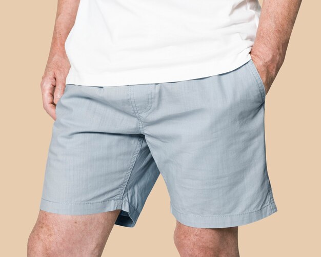 Man wearing blue shorts close-up