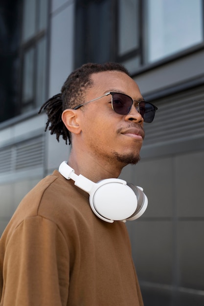 Man wearing headphones medium shot