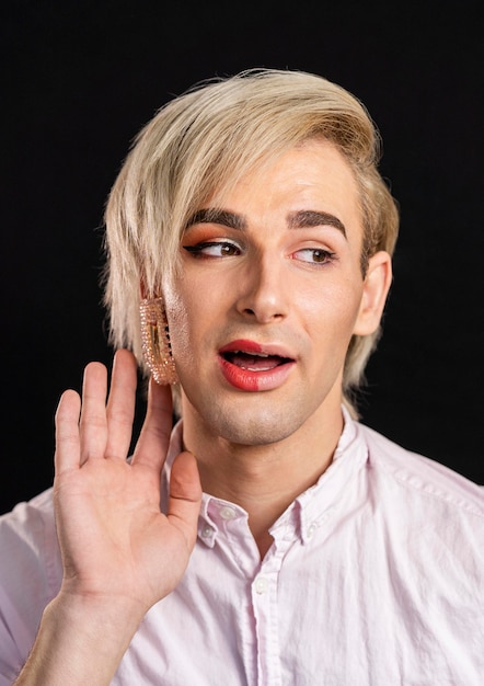 Man wearing make-up on half his face and looking away