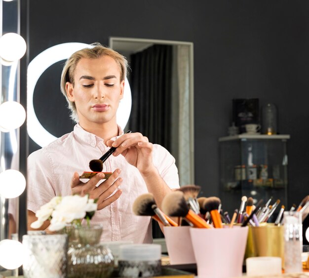 Man wearing make-up in the mirror