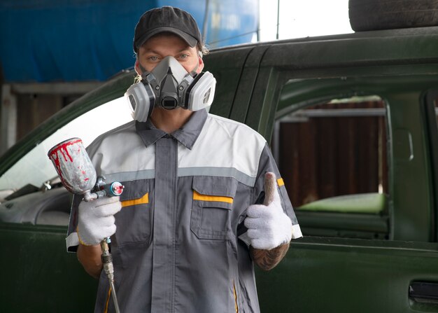 Man wearing protection equipment front view
