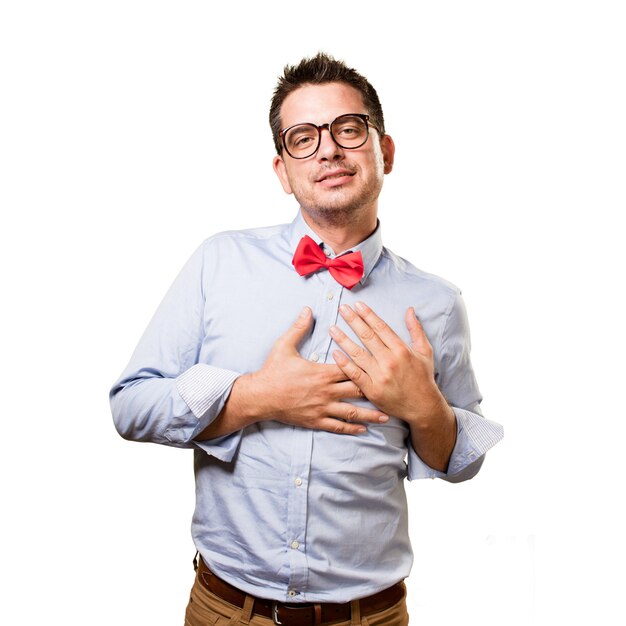 Man wearing a red bow tie. Looking in love.