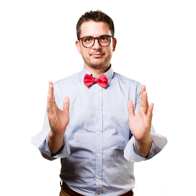 Man wearing a red bow tie.