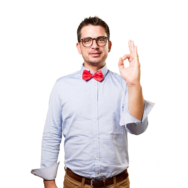 Free photo man wearing a red bow tie.