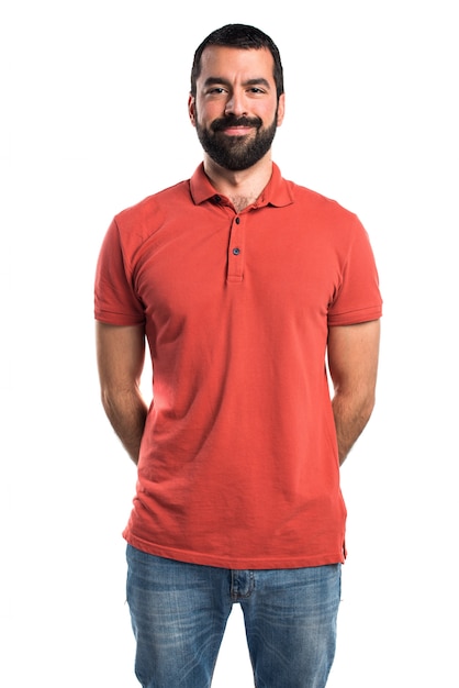 Man wearing red polo shirt