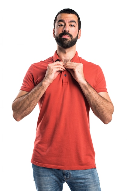 Man wearing red polo shirt
