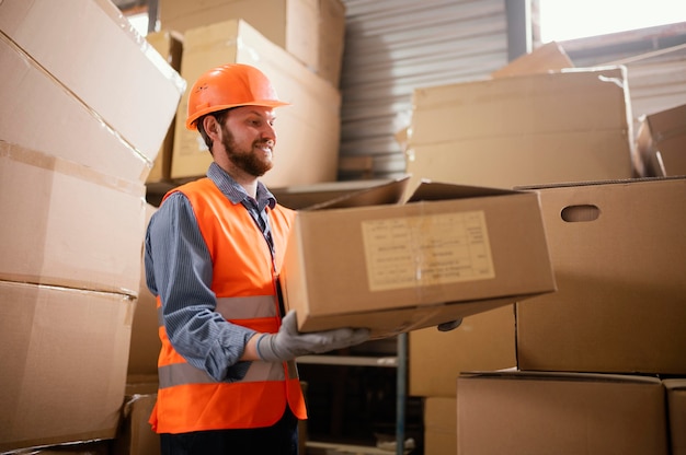 Uomo che indossa un berretto di sicurezza al lavoro