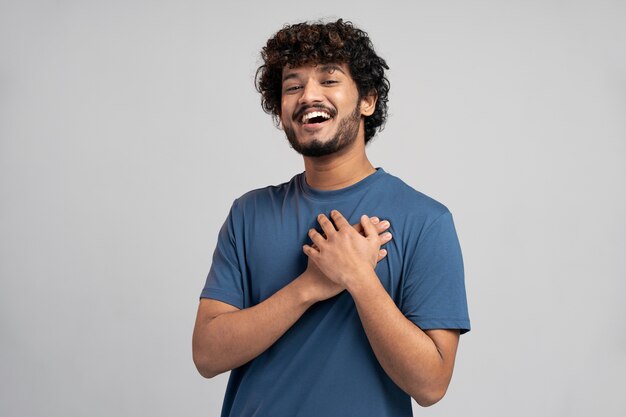 Man wearing t shirt gesturing