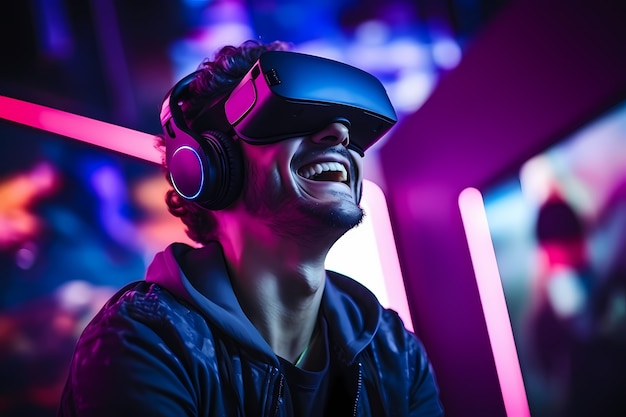 Free photo man wearing  vr glasses for gaming