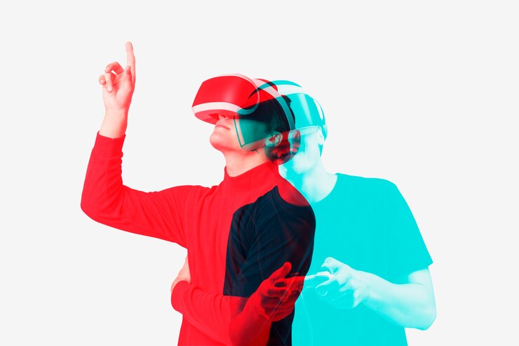 Free Photo man wearing vr headset smart technology in double color exposure effect