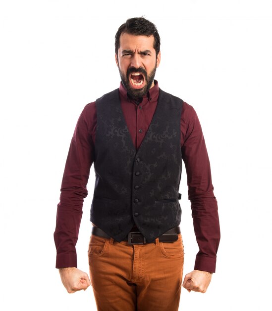 Man wearing waistcoat shouting